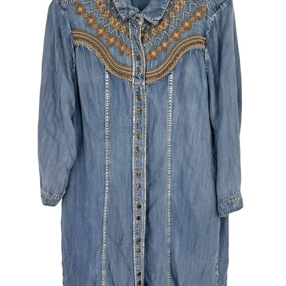 Reba Denim Embroidered Western Shirt Dress size Medium Tencel Snap Button - Picture 5 of 12